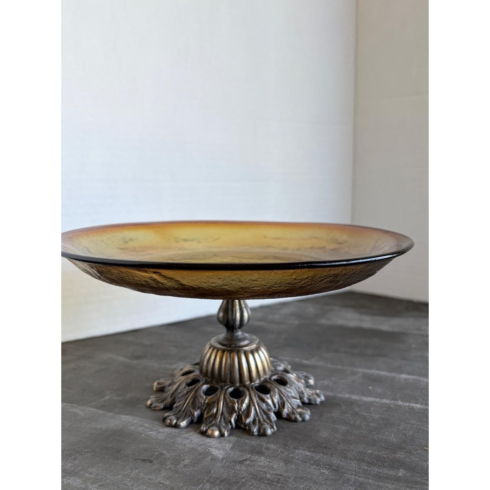 Amber Glass Pedestal Bowl Ornate Antiqued Bronze Metal Base Centerpiece Dish